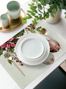 4pcs/Set Christmas Evergreen Leaf & Ornament Pattern Printed Placemats, Modern Polyester Kitchen Table Decor Fabric Placemats For Dining Room & Kitchen - Multicolor - View 6