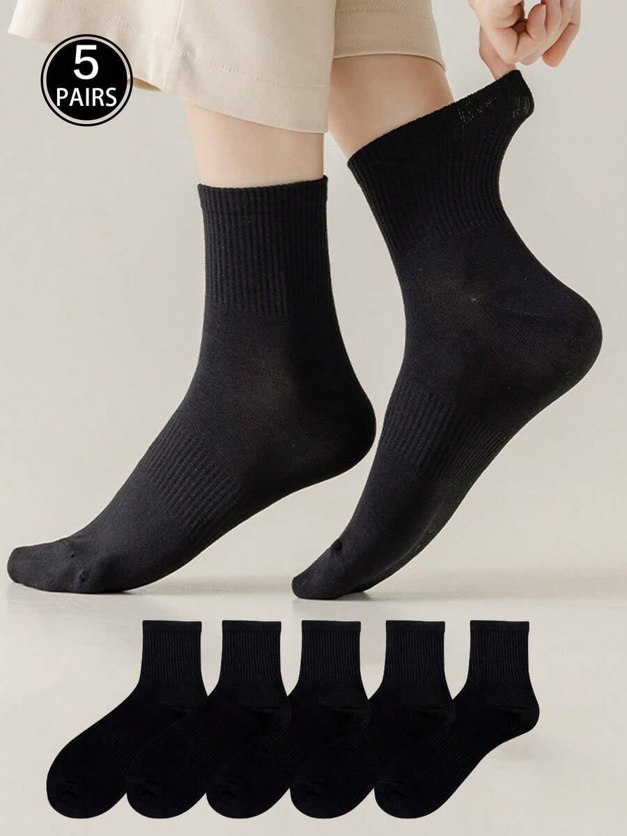 5 双女士中筒袜，专业运动中筒袜，运动袜，黑色袜子，纯色袜子，适合跑步运动的袜子，男女通用情侣袜 - 黑色 - 查看 1