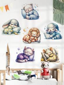 1 件卡通可爱睡着动物兔子、猫、老虎门/窗贴纸、墙贴 - 彩色 - 查看 4