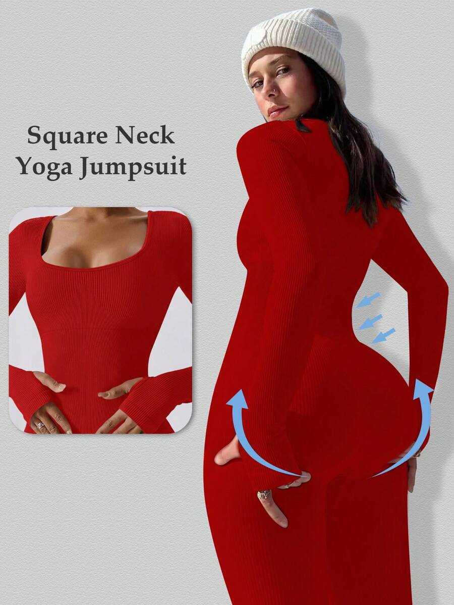 Yefecy Women's Solid Color Ribbed Red Long Sleeve Jumpsuit, Skin-Tight Comfortable, Sportswear Casual, Ribbed Long Sleeve Shapewear Activewear, Yoga Jumpsuit, Shapewear