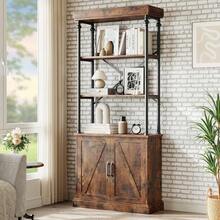 Tall Bookshelf With Doors 73.62 Industrial Storage Open Rack Shelf With Cabinet Wood And Metal Bookcase Farmhouse Bookshelves Large Vintage Display Rack Home Office - 棕色 - 查看 1