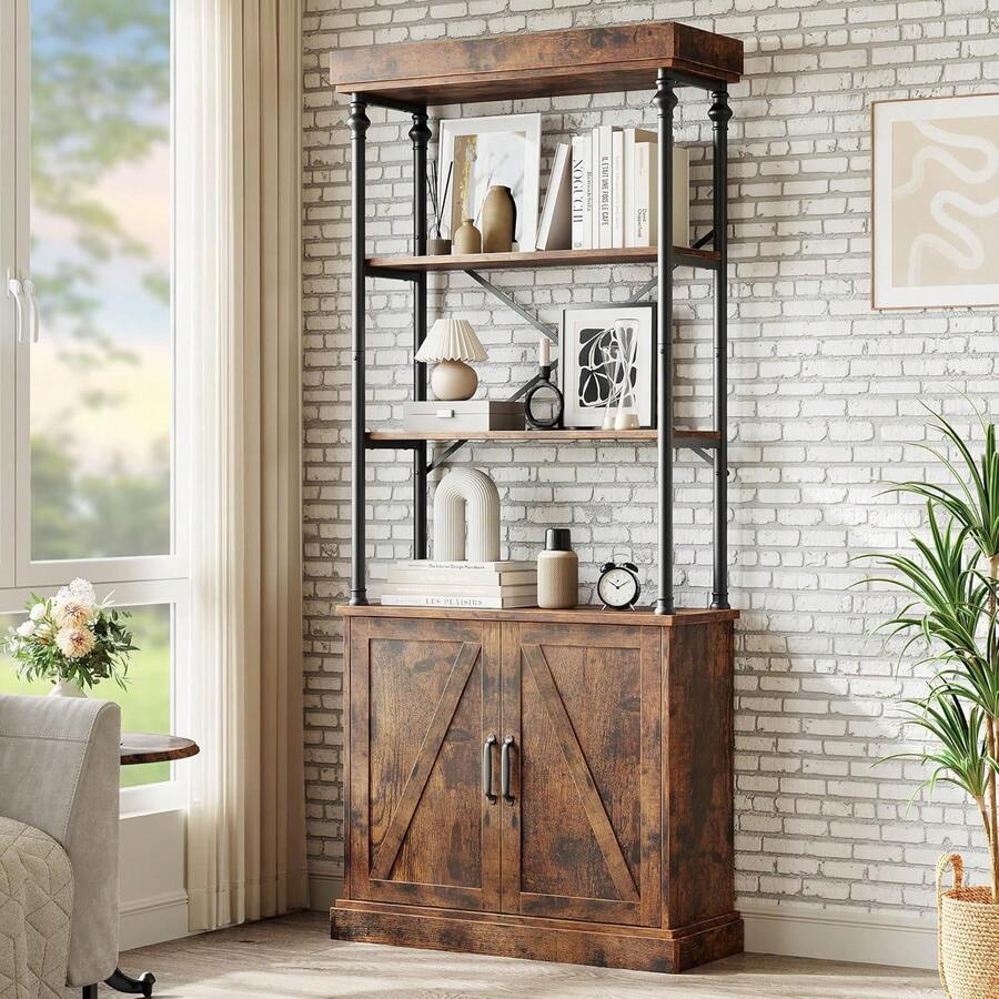 Tall Bookshelf With Doors 73.62 Industrial Storage Open Rack Shelf With Cabinet Wood And Metal Bookcase Farmhouse Bookshelves Large Vintage Display Rack Home Office - 棕色 - 查看 1