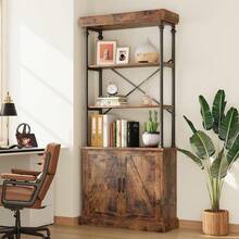 Tall Bookshelf With Doors 73.62 Industrial Storage Open Rack Shelf With Cabinet Wood And Metal Bookcase Farmhouse Bookshelves Large Vintage Display Rack Home Office - 棕色 - 查看 6