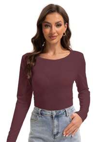 Womens Long Sleeve Round Neck Shirts Basic Casual Fashion Tee Fall Tops Outfits Clothes - 酒紅色 - 查看 4