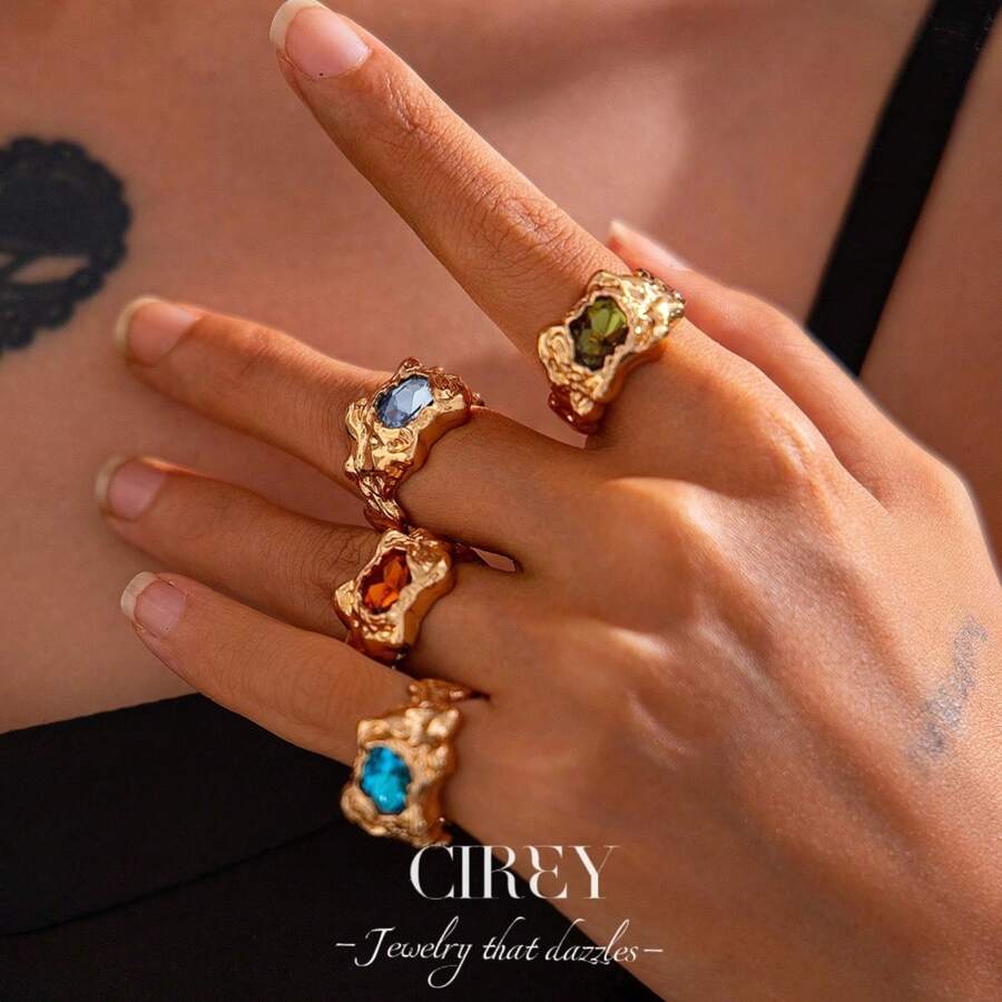 CIREY 1 件 18K 几何熔融宝石戒指，光滑液态金属情侣戒指，适合送礼和日常佩戴 - 18K戒指 - 查看 1