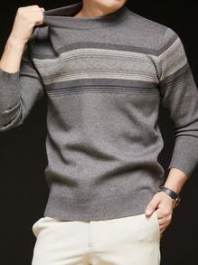 Grey Men's Striped Crew Neck Casual Minimalist Thick Knitted Sweater For Winter, For Fall, Long Sleeve Top - Grey - View 2