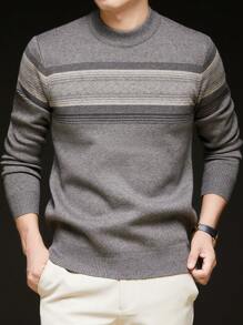 Grey Men's Striped Crew Neck Casual Minimalist Thick Knitted Sweater For Winter, For Fall, Long Sleeve Top - Grey - View 4