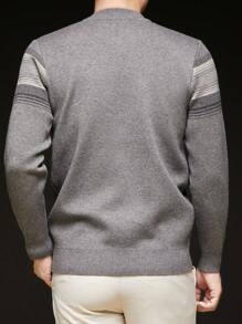 Grey Men's Striped Crew Neck Casual Minimalist Thick Knitted Sweater For Winter, For Fall, Long Sleeve Top - Grey - View 5