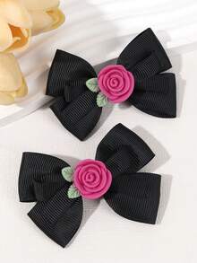 2 chiếc nơ cài tóc màu đen cho bé gái, kẹp tóc nơ hoa hồng, kẹp tóc ruy băng grosgrain trơn, kẹp tóc đuôi sam cho bé gái, kẹp tóc thanh lịch, phụ kiện tóc cho trẻ em - màu đen - Xem 1