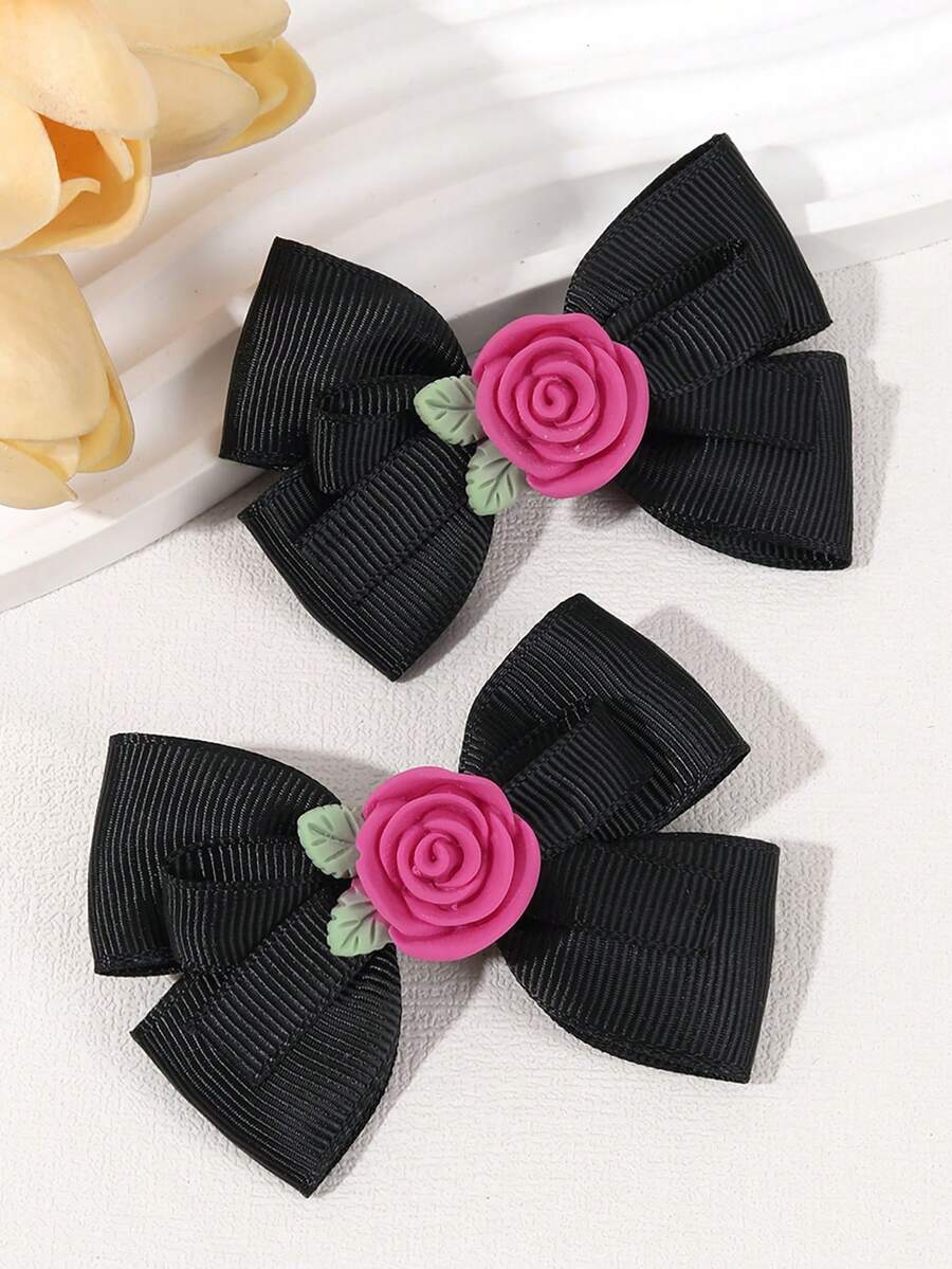 2 chiếc nơ cài tóc màu đen cho bé gái, kẹp tóc nơ hoa hồng, kẹp tóc ruy băng grosgrain trơn, kẹp tóc đuôi sam cho bé gái, kẹp tóc thanh lịch, phụ kiện tóc cho trẻ em - màu đen - Xem 1