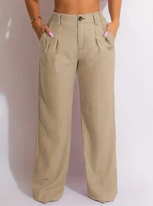 Chicsale Solid Color Casual Fit Trousers, Comfortable And Breathable For Everyday Wear, Women's Wear - 卡其色 - 查看 1