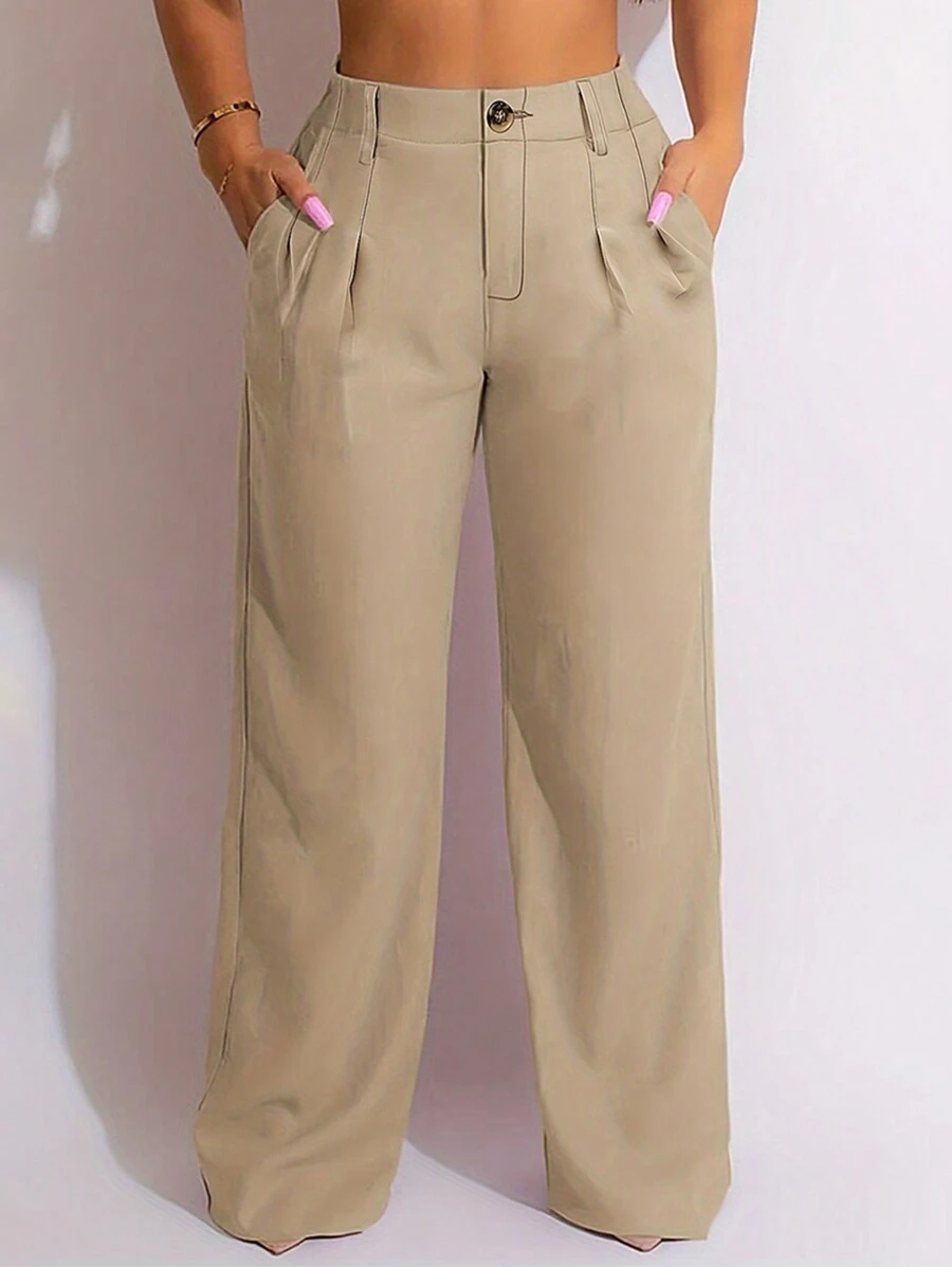 Chicsale Solid Color Casual Fit Trousers, Comfortable And Breathable For Everyday Wear, Women's Wear - 卡其色 - 查看 1