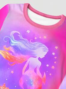 少女舒适版紫色和粉色扎染美人鱼和海星印花长袖睡衣套装 - 彩色 - 查看 8