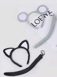 2 件装卡通白色内耳猫耳头带鼠耳尾套装适用于表演装扮发箍日常装扮和派对装扮可爱小老鼠 - 多色 - 查看 1