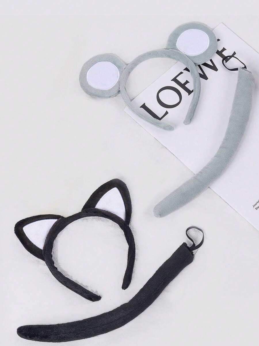 2 件装卡通白色内耳猫耳头带鼠耳尾套装适用于表演装扮发箍日常装扮和派对装扮可爱小老鼠 - 多色 - 查看 1