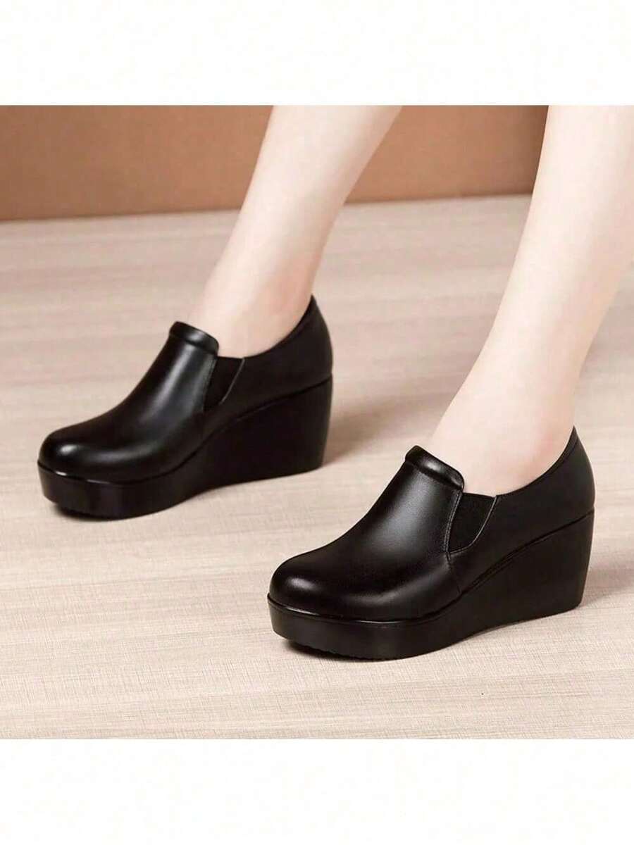 Comfortable Med Heels Wedges Shoes Leather Loafers 2024 Fall Deep Mouth