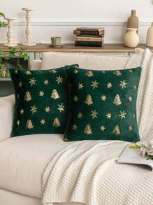 1 件閃閃發光的雪花和聖誕樹印花滌綸抱枕套 - 綠色 - 查看 1