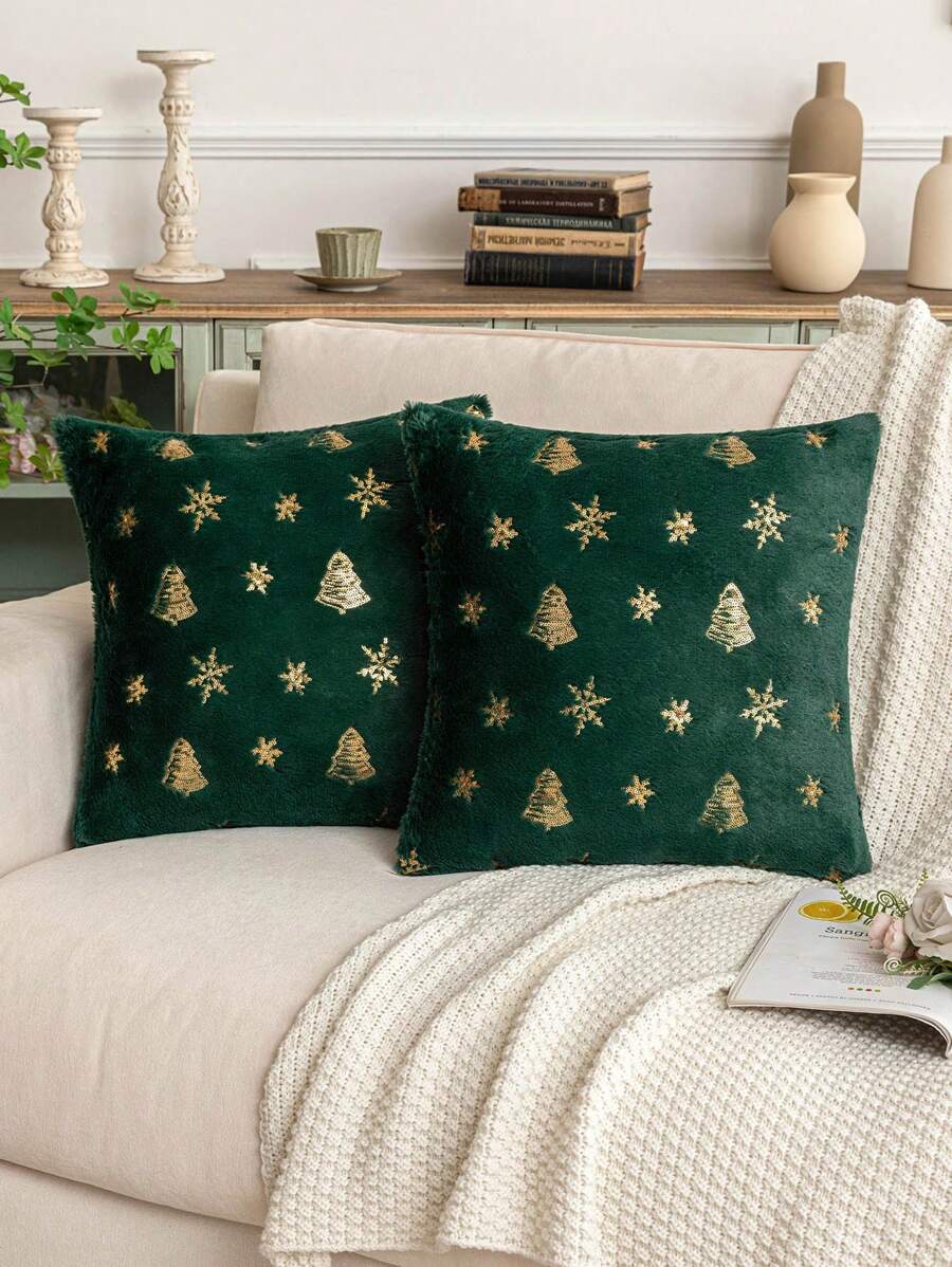 1 件閃閃發光的雪花和聖誕樹印花滌綸抱枕套 - 綠色 - 查看 1