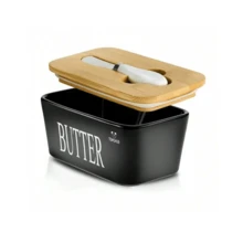 1 Bộ, Đĩa đựng bơ có nắp tre và dao, Đĩa đựng bơ bằng gốm lớn có lớp phủ silicon chất lượng, Lý tưởng để nướng và làm quà tặng trong bếp, Hộp đựng bơ kín khí có nắp đậy để trên mặt bàn hoặc tủ lạnh, Bình đựng bơ có nắp Đồ dùng nhà bếp gia đình - màu đen - Xem 13
