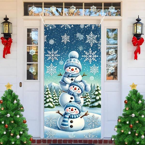 1pc Capa de porta de boneco de neve de Natal, decoração estilo desenho animado, boneco de neve fofo para véspera de Natal, decoração interna para sala de estar/porta do quarto, com 4 fivelas de cobre para fácil instalação