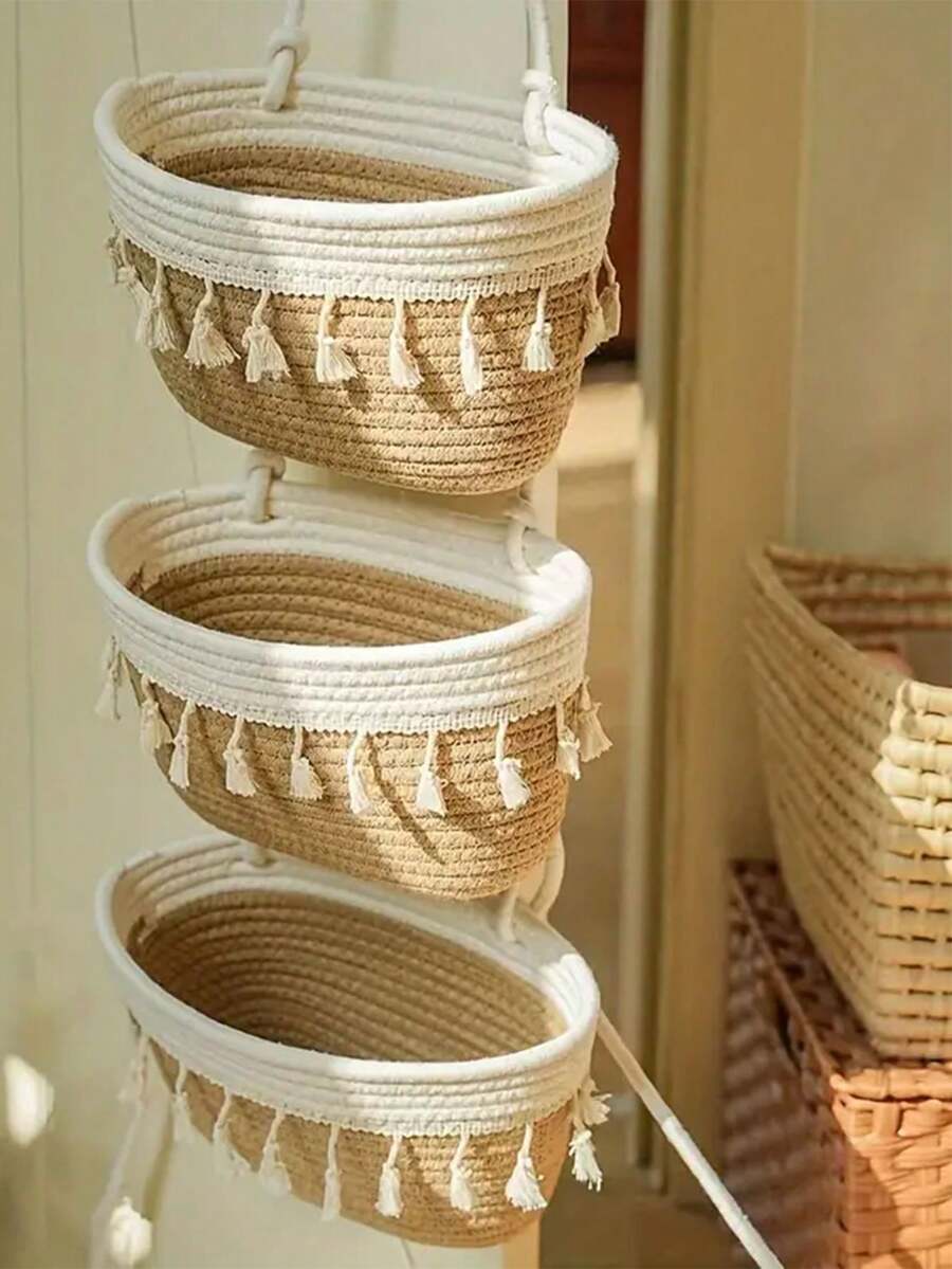 1 giỏ treo macrame 3 tầng, giỏ đựng đồ trang trí có tua rua, đồ sắp xếp lối vào gắn tường, phụ kiện trang trí phòng ngủ - Nhiều màu - Xem 1