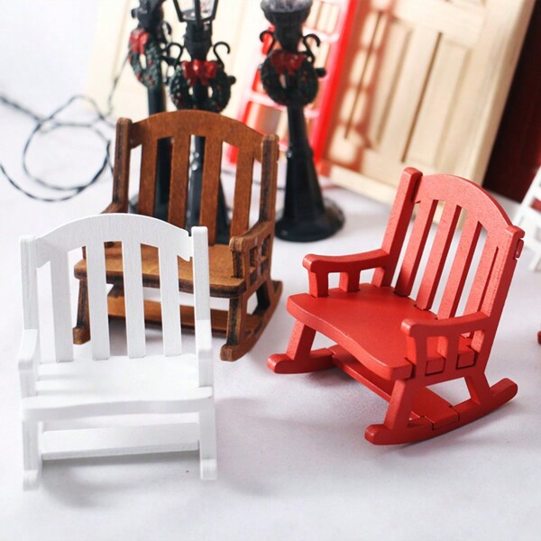 1:12 Scale Miniature Christmas Gift Chair Toys, Vintage Wooden Rocking Chair Decor, Christmas Ornament, Tabletop Figurine, Window Display Accessory