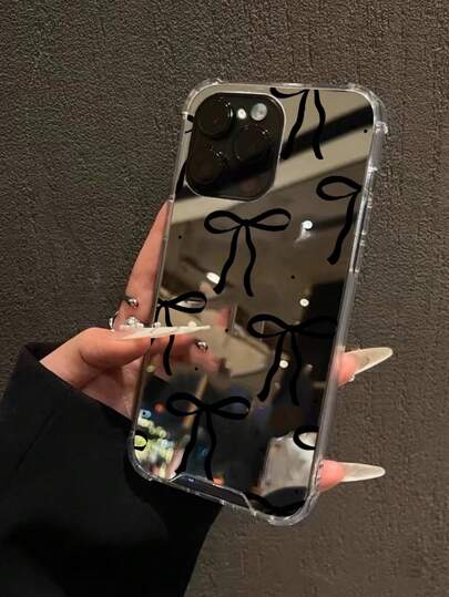 Apple Black Bowknot Pattern Mirror Anti-Fall Sleeve Phone Case Compatible With IPhone Waterproof Shockproof Scratch Resistant