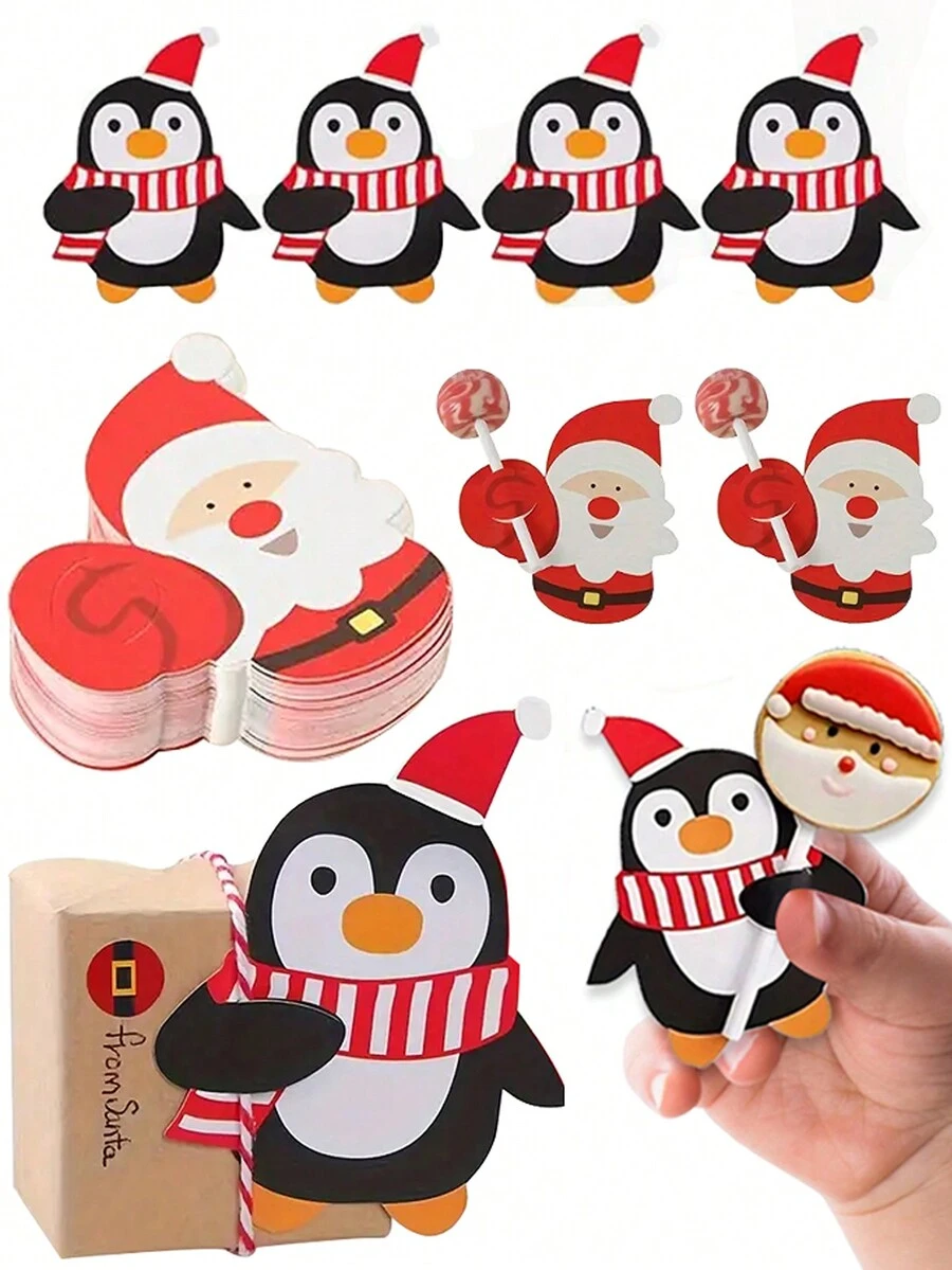 Thiệp giấy hình ông già Noel và chim cánh cụt, hộp kẹo socola hình mứt kẹo, thích hợp cho Giáng sinh, ngày lễ, tiệc tùng - nhiều màu - Xem 1