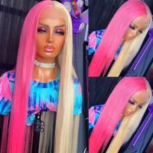 Gorgeous Pink Blonde Hair Synthetic Lace Front Wigs 26 Inch Pre Plucked Long Straight Hair Wigs Glueless Halloween Wigs Heat Resistant Natural Half Pink Half Blonde Straight Lace Front Wigs For Women For Daily Christmas Party Cosplay Use - 拼色 - 查看 3