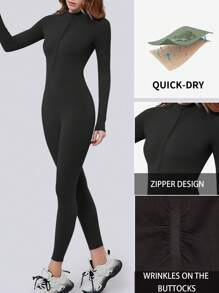 DINBEY Damen einfarbiger Jumpsuit mit Stehkragen und halber Reißverschluss, sexy, Yoga Outdoor formende, hüftanhebende, schlankende Bauchmuskeln kontrollierende Jumpsuit
