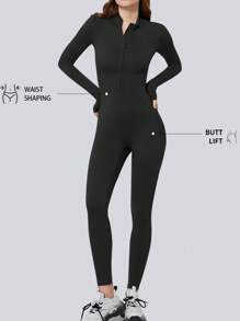 DINBEY Damen einfarbiger Jumpsuit mit Stehkragen und halber Reißverschluss, sexy, Yoga Outdoor formende, hüftanhebende, schlankende Bauchmuskeln kontrollierende Jumpsuit