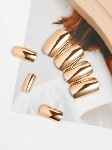 VV MEI JIA ER 立即使用24入組長方形金色實心鏡面效果假指甲和1支指甲紙檔和1張指甲貼壓式指甲，美甲必需品，升級你的外觀 - 香檳色 - 查看 4