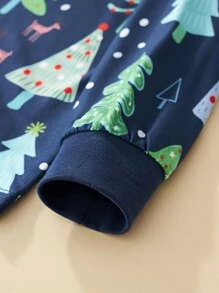 年轻女孩圣诞长袖上衣和裤子套装，卡通独角兽和圣诞树图案，秋冬流行款 - 藏蓝色 - 查看 5