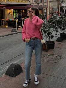 女装秋冬新款圆领粉色后背镂空蝴蝶结设计感长袖针织衫宽松百搭时尚简约套头毛衣 - 粉紅色 - 查看 5