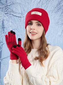 二合一女士针织帽和触屏手套套装，休闲拉法帽，羊毛保暖，适合滑雪和骑自行车等户外运动，日常使用 - A - 查看 5