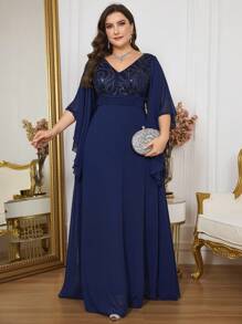 Plus Size V-Neck Flare Sleeve Sequin Patchwork Evening Dress (Heavily Embellished), Semi Formal Prom Dress, For Birthday, Wedding Guest, Graduation Homecoming, Party Dress