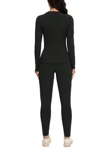2pcs/Set Women Round Neck Long Sleeve Solid Color Form-Fitting Top And Pants - Black - View 2
