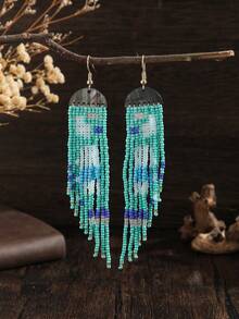 欧美民族风贝壳多面复古波西米亚风手工长流苏耳环 - 藍色 - 查看 6