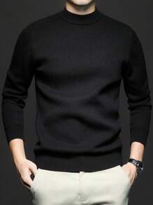 Men Crew Neck Long Sleeve Solid Color Casual Slim Fit Pullover Sweater, Lightweight For Autumn/Winter
