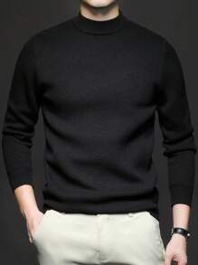 Men Crew Neck Long Sleeve Solid Color Casual Slim Fit Pullover Sweater, Lightweight For Autumn/Winter