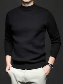Men Crew Neck Long Sleeve Solid Color Casual Slim Fit Pullover Sweater, Lightweight For Autumn/Winter