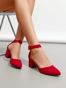 Women Low Chunky Heels Classic Pumps Pointed Toe Ankle Strap Elegant Versatile Simple Weddings Work Shoes - Đỏ - Xem 1