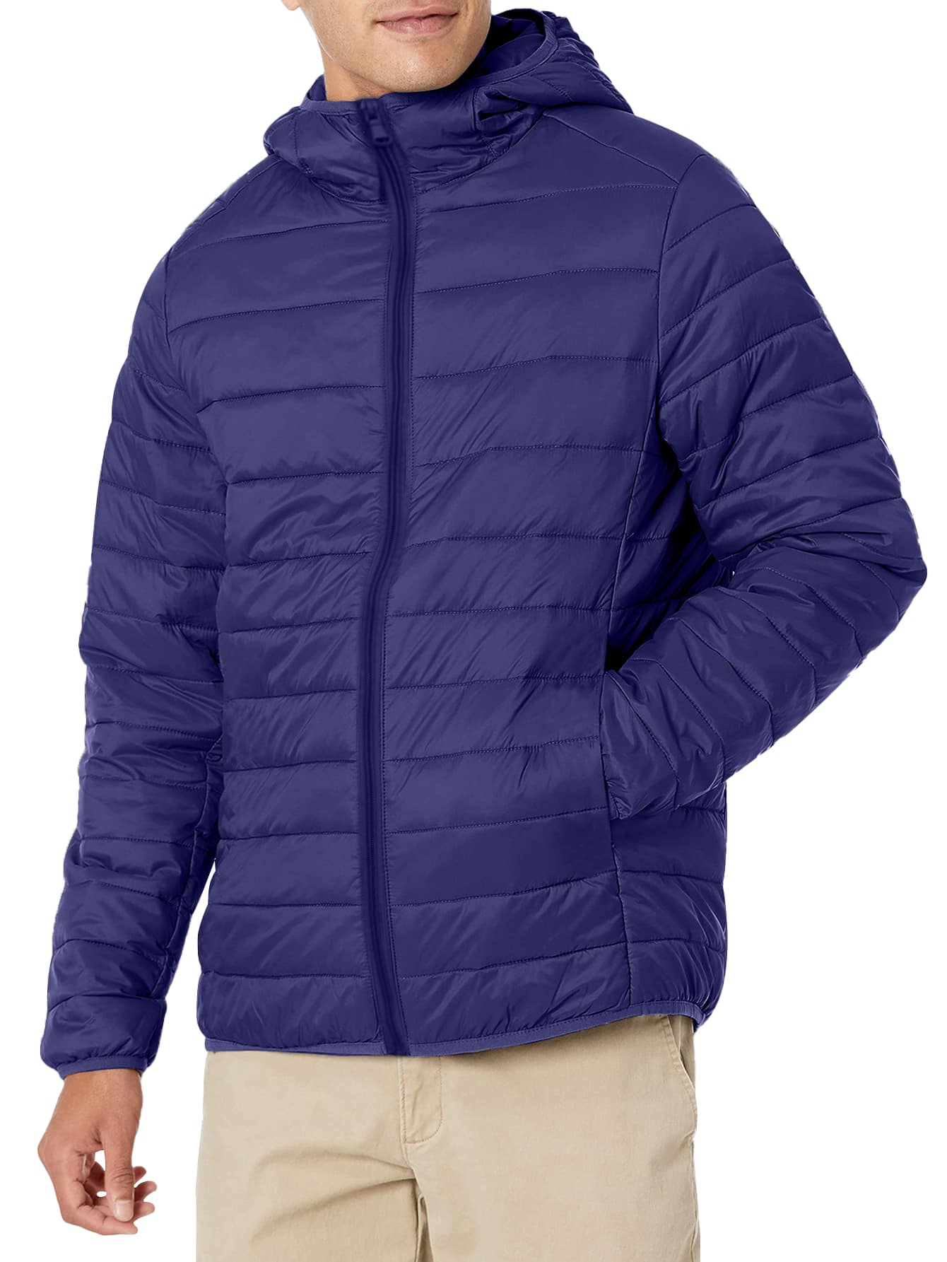 1 件装男士纯色口袋连帽前拉链轻质羽绒夹克，冬季 - 藏蓝色 - 查看 1