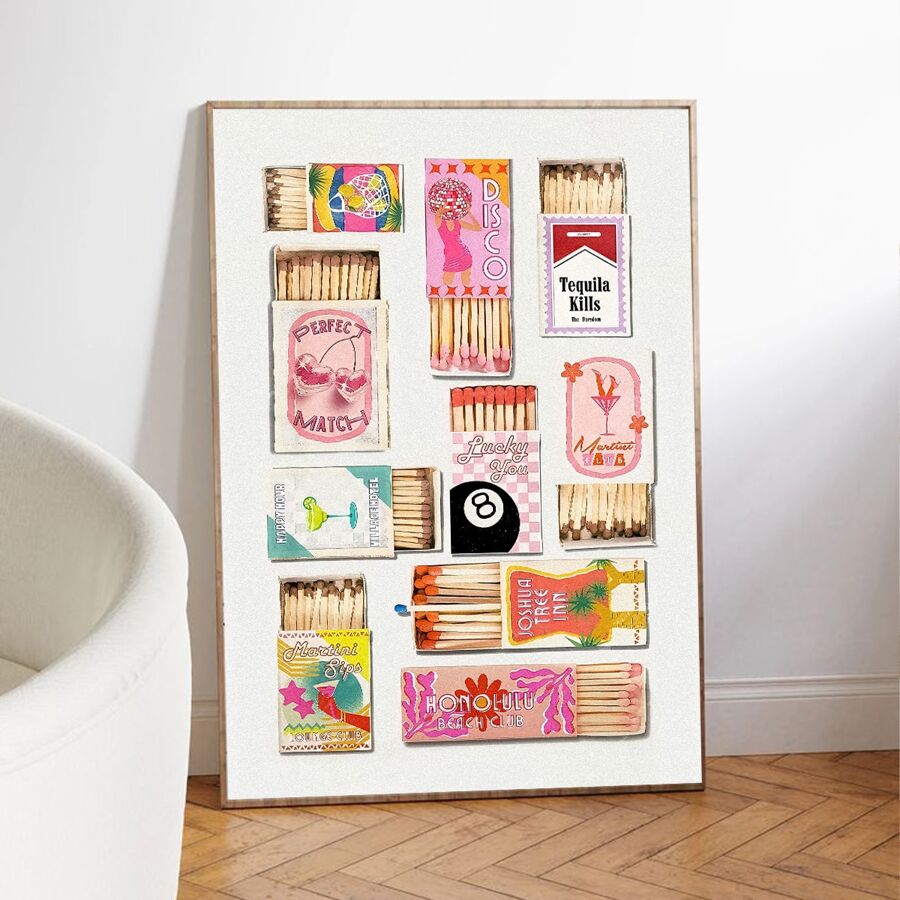 1 件复古火柴盒印刷品学院风宿舍装饰公寓时尚美学印刷品时尚复古墙面艺术时尚火柴海报复古火柴盒迪斯科墙面艺术帆布墙面艺术海报