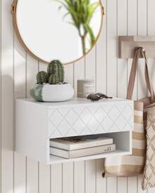 Floating Nightstand, Small Modern Floating Nightstand With Drawer, Floating Shelves For Bedroom, Bathroom (White Stripe) - Kim cương trắng - Xem 2