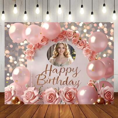 Customizable Image Text Pink Balloon Happy Birthday Background Pink Rose Gold Sequin Design Personalized Custom Portrait Text Birthday Party Cake Table Decoration Banner Vinyl High-Quality,Stylish Custom,Personalized,Unique Ideal Gifts For Her Boyfriend,Girlfriend For Valentine's Day,For Anniversaries,For Weddings Living Room,Home,Wedding Essentials,Party Top, Personalized Wedding Gifts