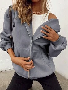 Sudadera con capucha para mujer Otoño e Invierno Deportes y Casual Cordón Cremallera - Gris Oscuro - Ver 4