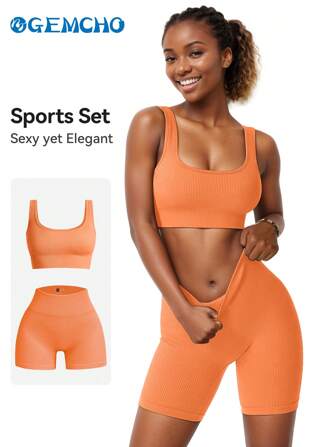 GEMCHO 瑜伽纯色 2 件套罗纹针织背心和高腰收腹短裤运动套装