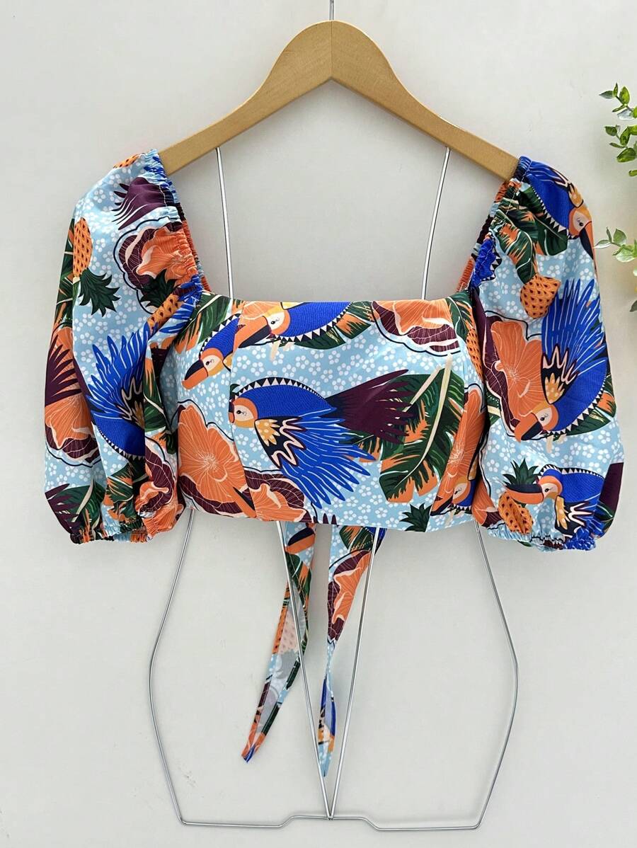 Women's Simple Casual Short Sleeve Crop Top With Multicolor Print - Màu xanh nhạt - Xem 1