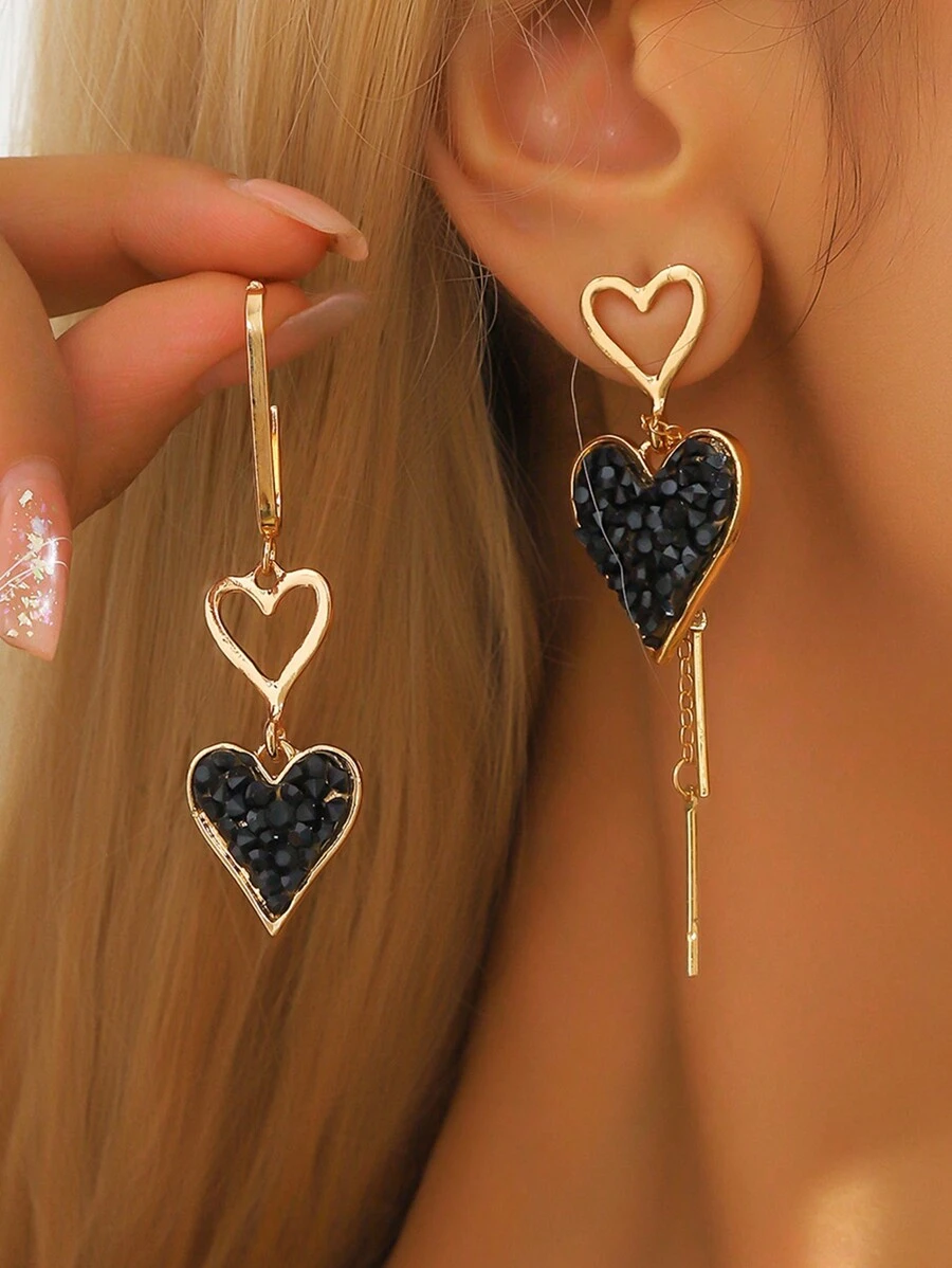 1pair Asymmetric Black Heart Shape Tassel Women Dangle Earrings, Exaggerated Jewelry Gift For Valentine's Day Or Birthday,Mom,Mother,Mother's Day,Gift